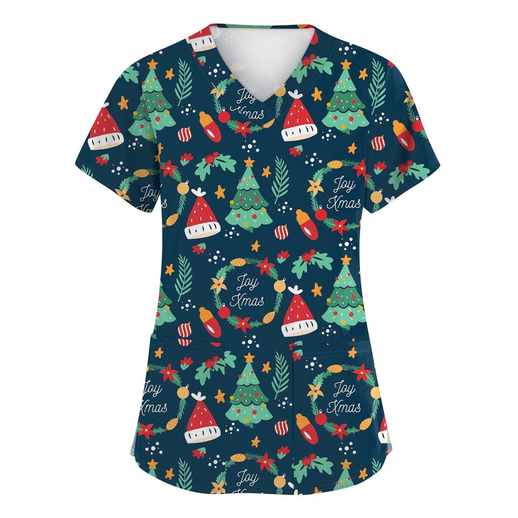 Women's Fashion Short Sleeve Christmas Print V-Neck Pocket Workwear Tops