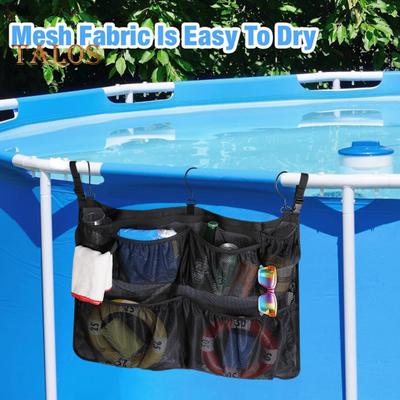 Borsa portaoggetti a bordo piscina, multi tasche, drenaggio cavo, gancio girevole a 360 gradi, grande capacità, palo per piscina, giocattoli, occhiali, telefono, borsa a rete