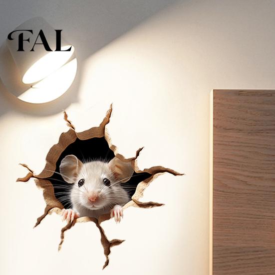 Funny Animal Wall Art Peeking Mouse Sticker, 3D Broken Hole Effect Decals, Glass Realistic Breaking Window Stickers, Removable PVC for Bedroom Living