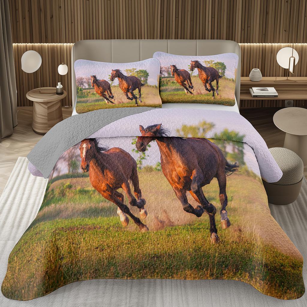 Wild Horse Bedspread Queen/Full Galloping Horse Pattern Quilted Bedding Set Farm Animal Coverlet Set Reversible Rustic Bed Cover