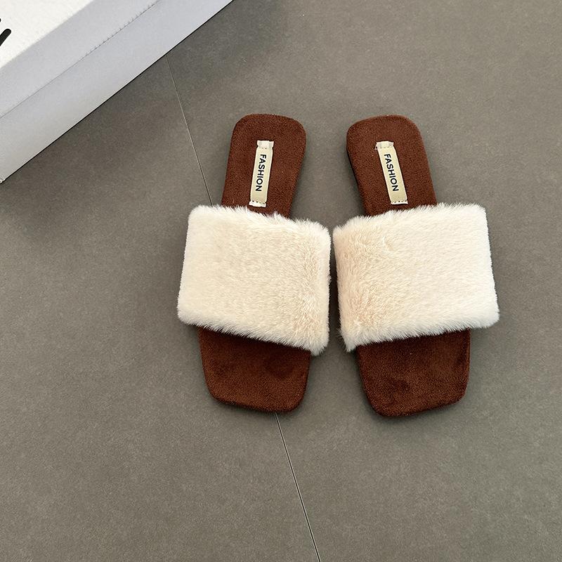 Retro temperament casual cotton drag square head girls fluffy slippers autumn and winter fashion comfortable one-word cotton slippers