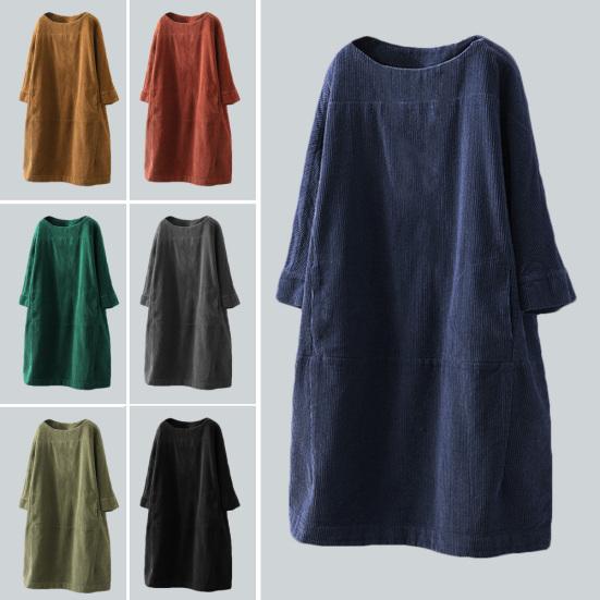 Hochwertiges, großes Damen-Herbst- und Winterkleid, lässig, warm, einfarbig, Taschen, Cord, lockeres Midi-Kleid