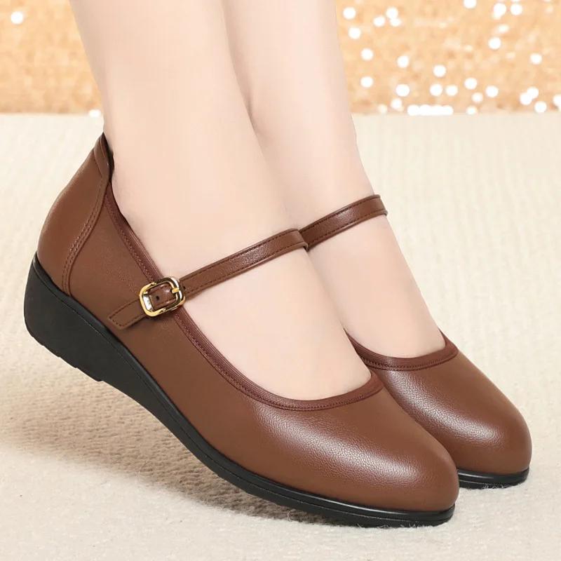 3.5cm Fashion Breathable Shallow Mouth Soft Leather Platform Wedges Shoes Women Fall 2025 Flat Heels Mary Janes for Office Mom