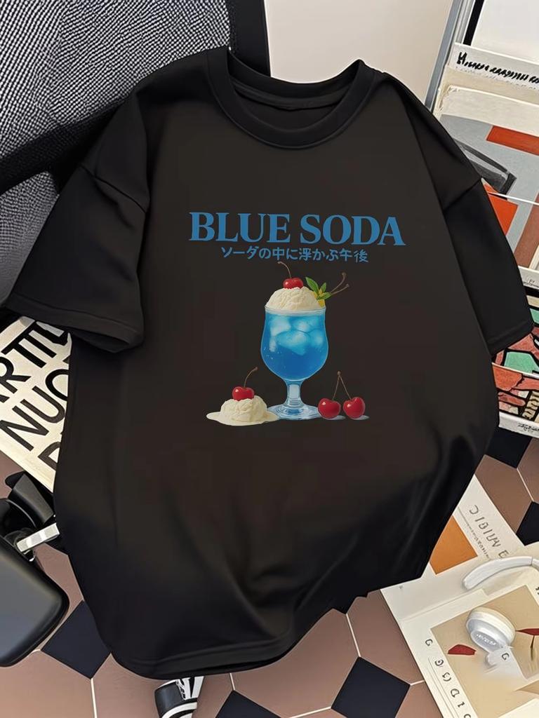 2026 Kawaii Blue Soda Ice Cream Graphic Tshirt Letter Print Unisex Unisex Summer Short Sleeve Loose Tops Casual Streetwear Tee