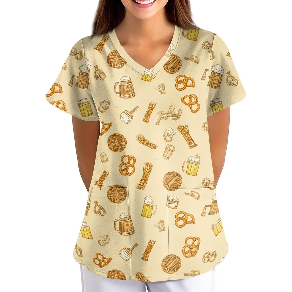 Women's Uniform - Oktoberfest Print Loose V-Neck Short Sleeve with Pockets