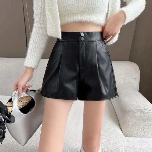 

Кожаные брюки с завышенной талией и эффектом похудения: Осенний кэжуал, однотонный, универсальный и трендовый. XL чёрный