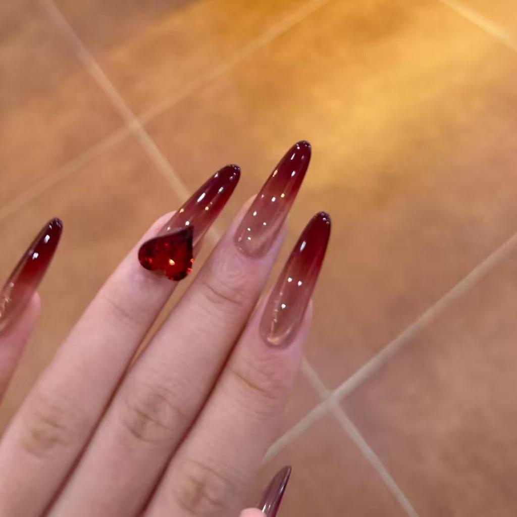 Wine Red Gradient Cat Eye Peach Heart Nails - Versatile, Handmade, Wearable for Daily Use