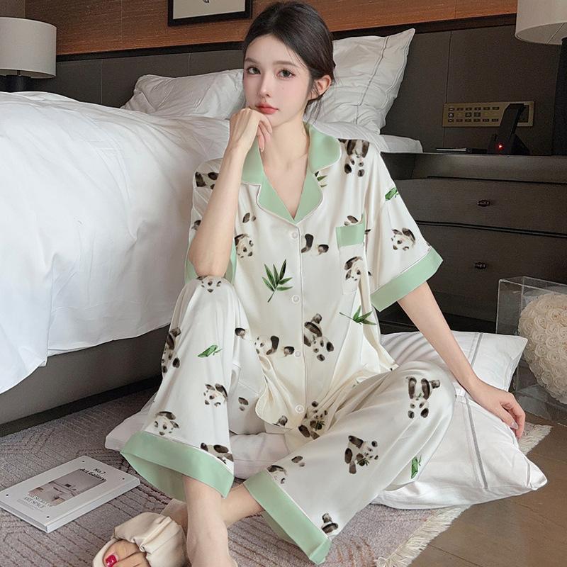 Guofeng Panda Luxury Ice Silk Satin Pajamas Women'S Loungewear Short Sleeve Pants Loungewear High Value Set