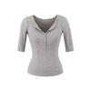 Women's V Neck Button Half Sleeve Slim Fit Top Stretch Solid Color Casual Tee