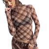 New Autumn Collection: Retro Tulle Checked Top with A Small High Neck, Long Sleeves and A Fitted Cut, Featuring Ruffled Trim