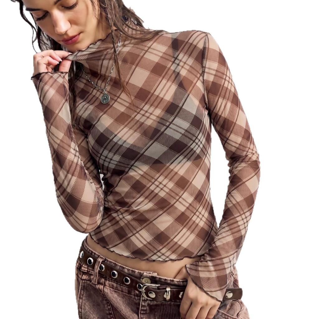 New Autumn Collection: Retro Tulle Checked Top with A Small High Neck, Long Sleeves and A Fitted Cut, Featuring Ruffled Trim