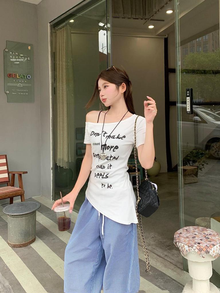 American Spicy Girl Off-Shoulder Short-Sleeve Letter Print T-Shirt - Women's Summer Bodycon Waist-Hugging Unique Design Top
