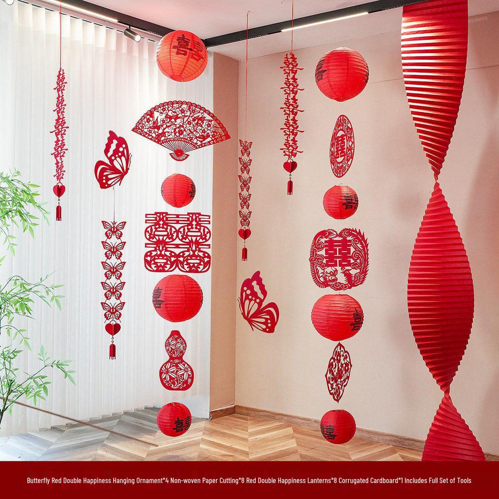 Red Wedding Room Bunting Ceiling Decorations for Bride and Groom's Bedroom and Living Room