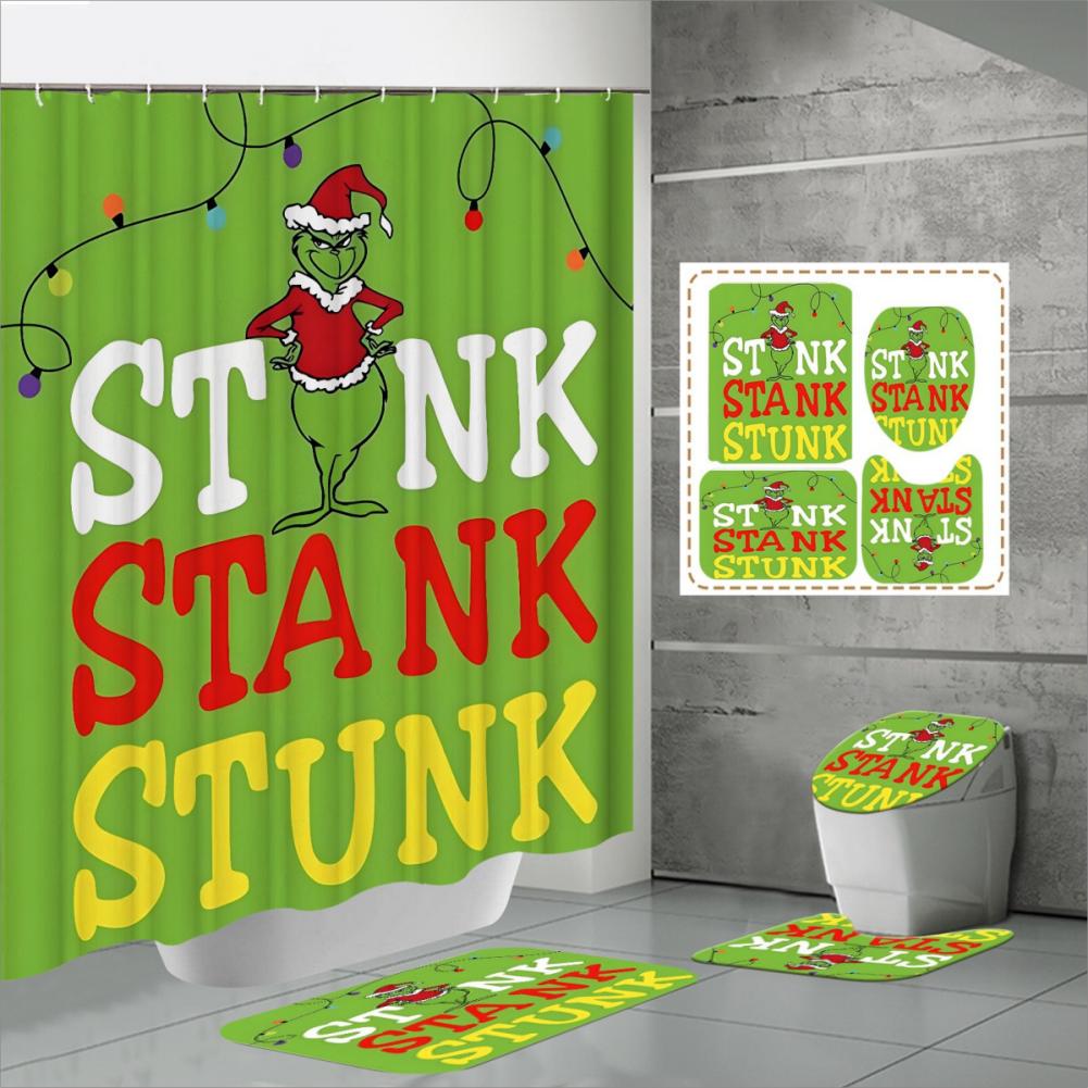 Christmas Snowman Shower Curtains Green W/Non-Slip Rugs Toilet Lid Cover Bath Mat Shower Curtain Set Home Bathroom Curtain Decor