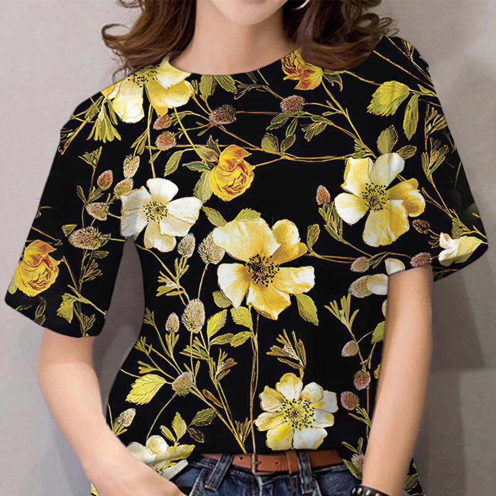 Women's Beautiful Flower T-shirt Round Neck Loose Casual Top