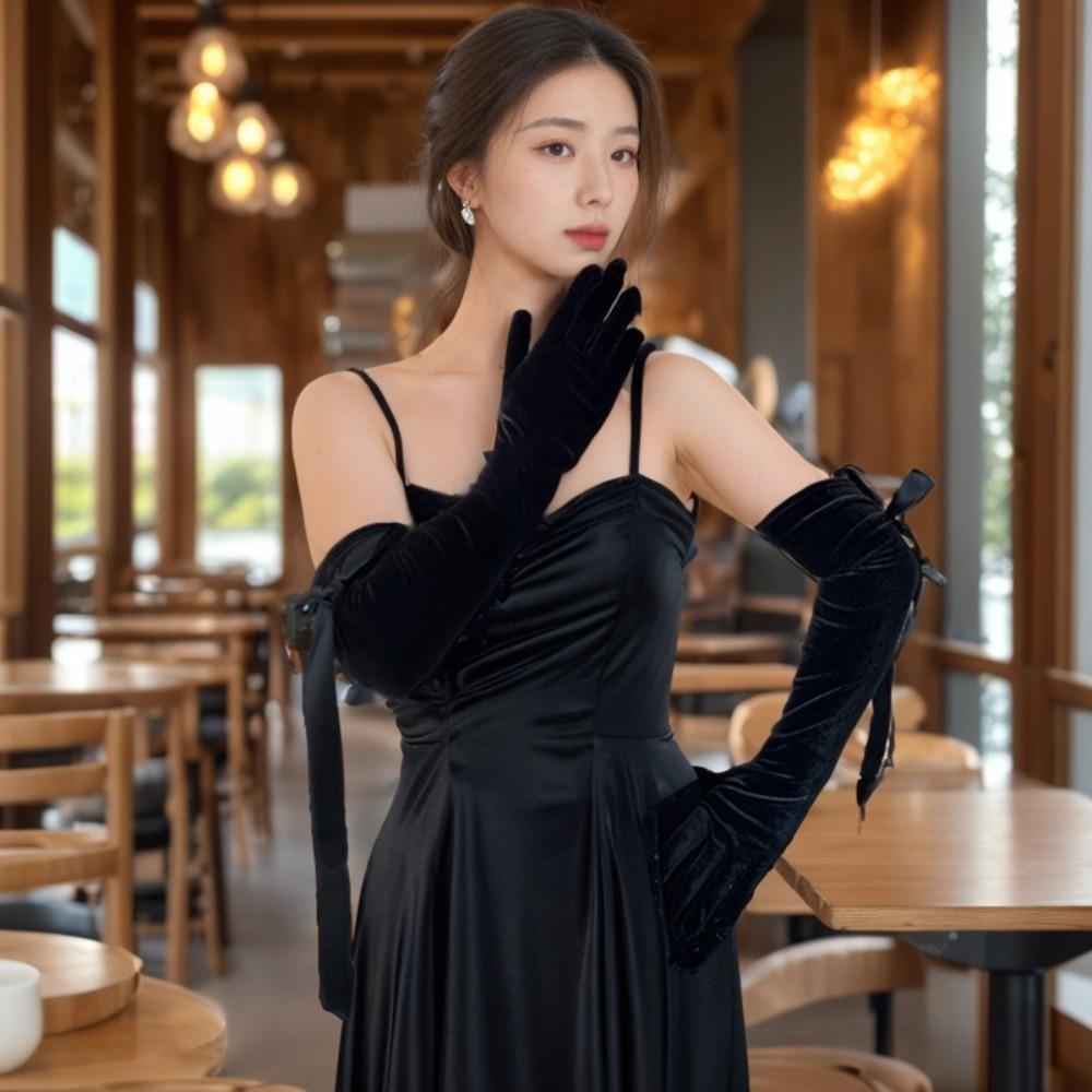 

Ribbon Mittens Elegant Velvet Long Gloves Retro Bridal Gloves