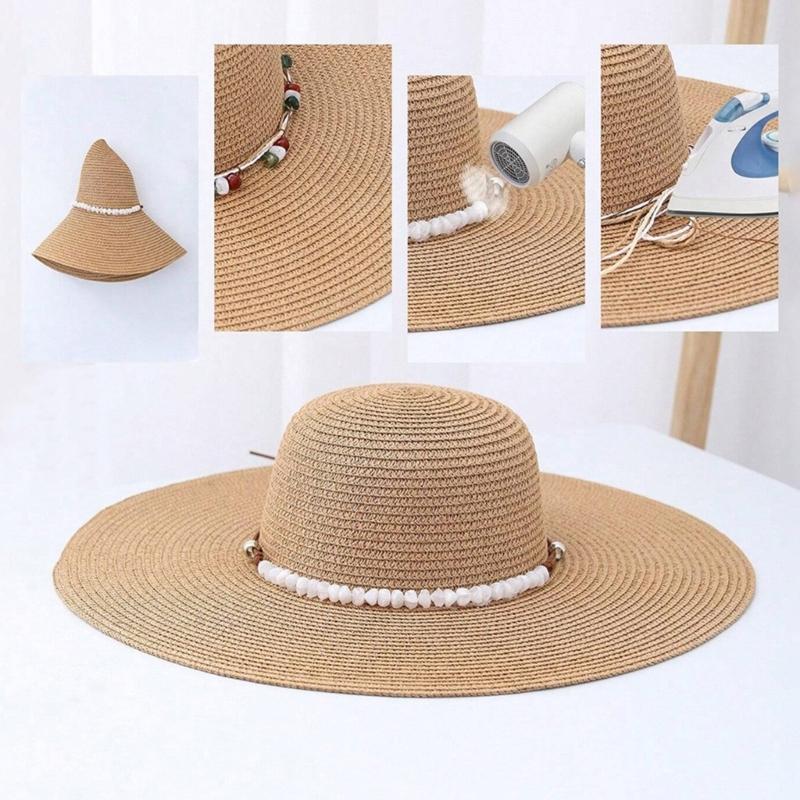 Adjustable Paper Straw Sun Hat For Women Featuring Pearls Accents Breathable Lightweight Design Summer Travel Gardening