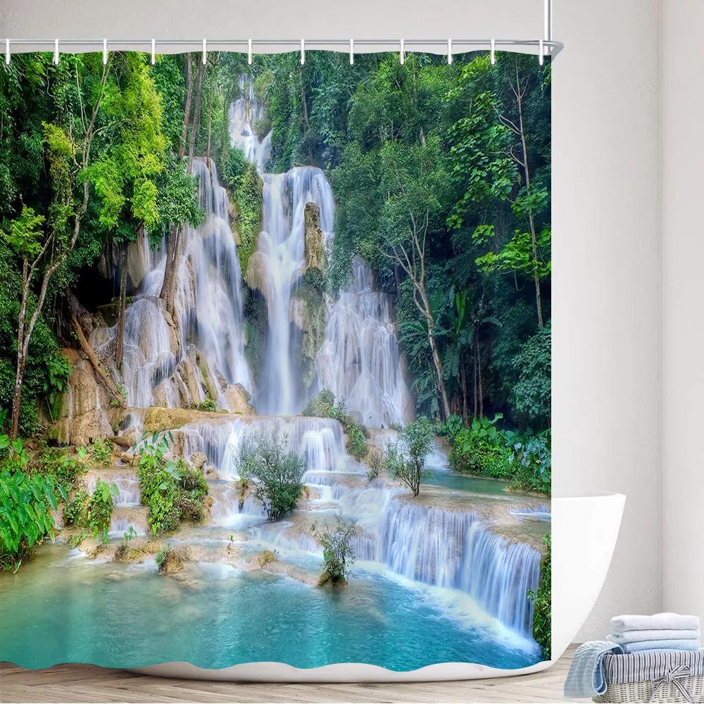 Scenic Forest Waterfall Shower Curtain Tropical Jungle Plants Trees Lake Nature Landscape Wall Hanging Bathroom Decor Curtains