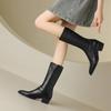 Krazing Pot Cow Leather Winter Pointed Toe Thick Med Heels Western Boots Women Zipper Retro Vintage Mid-calf Boots