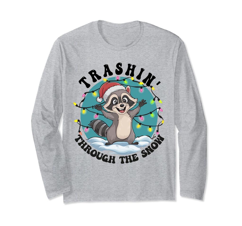 Trash Can in the Snow Cute Christmas Raccoon Santa Hat Long Sleeve T-Shirt