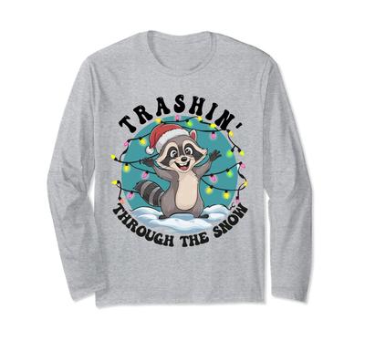 Trash Can In the Snow Cute Christmas Raccoon Santa Hat Long Sleeve T-Shirt