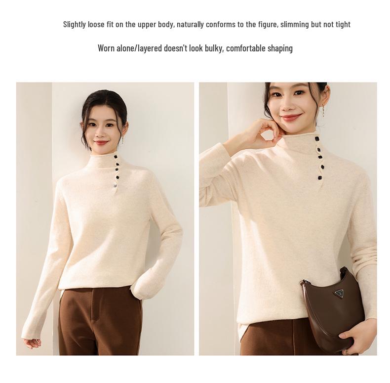 Winter 2025: Loose Casual Wool Sweater with Half-High Collar & Rolled Hem
