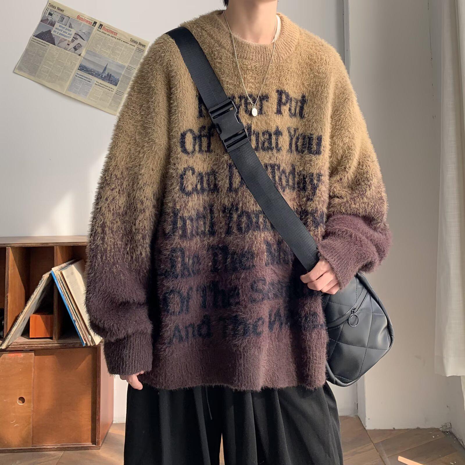 Unisex Retro Gradient Mohair Jacquard Sweater - Loose Fit M коричневый