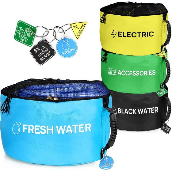 Wohnmobil-Schlauchaufbewahrungstasche im 3er-Pack, Wohnmobilzubehör für den Außenbereich, Gummi-Identifikationsanhänger für Frisch-/Schwarzwasser-Schlauchanschlüsse, Elektrokabel &