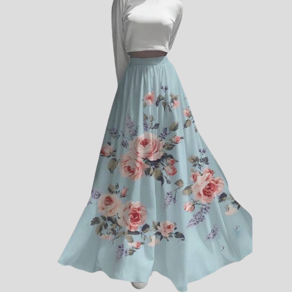 Spring Summer Women's Bohemian Printed Skirt High-Waist A-Line Long Floral Skirt