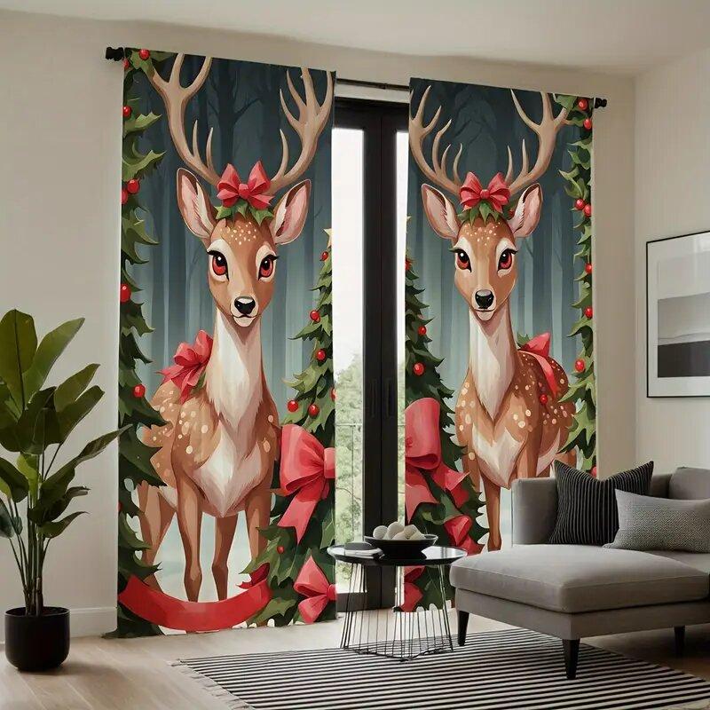 Christmas cartoon reindeer print curtains   Christmas decorations   bedroom and living room   home decoration   room decoration