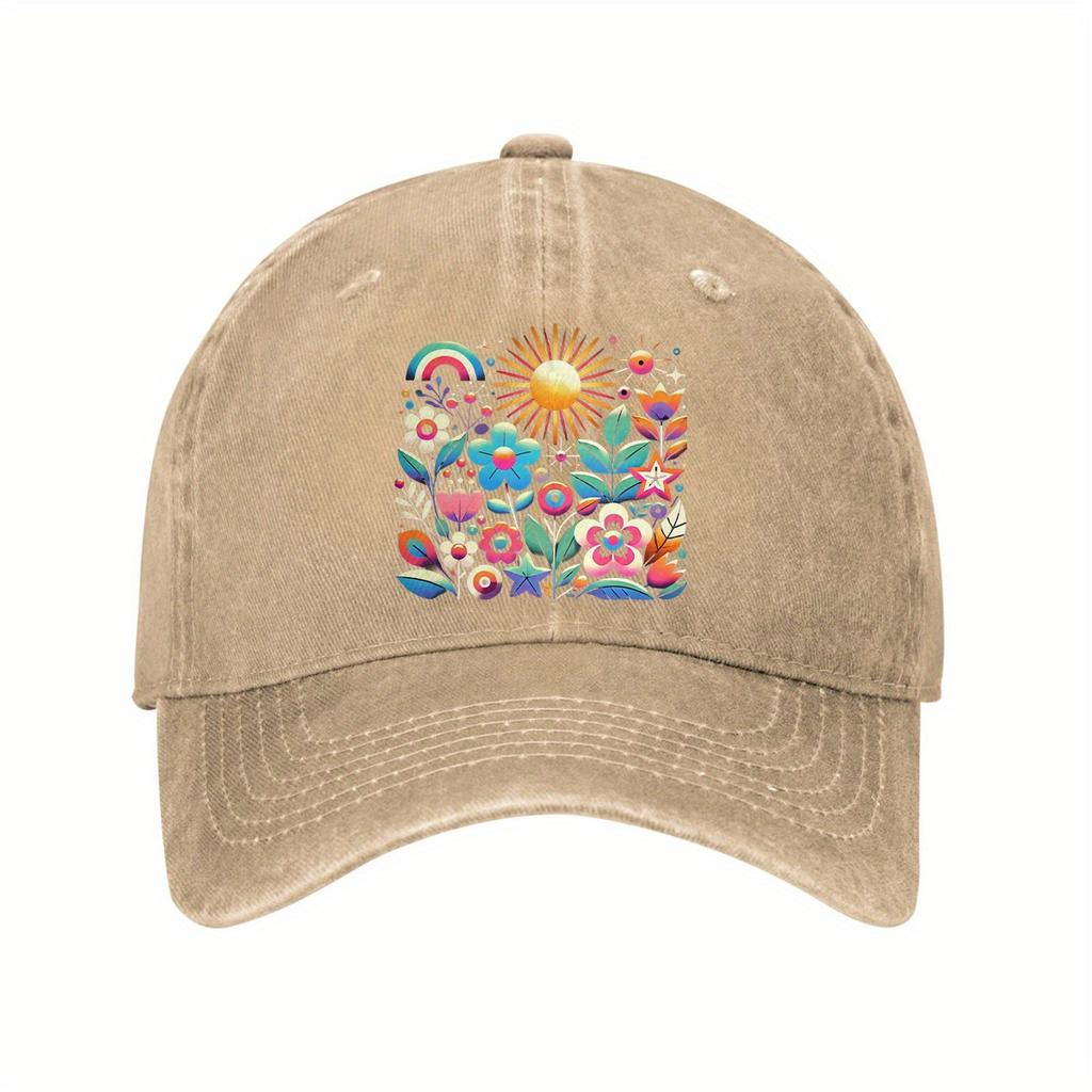 Vibrant Floral Sun Rainbow Baseball Cap Unisex Casual Denim Wash Outdoor Adjustable Adult Dad Hat