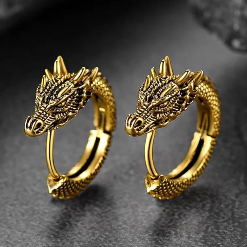 Huitan Personality Chinese Dragon Hoop Earrings for Women/Men Antique Metal Color Hip Hop Cool Guys Loong Earrings Jewelry