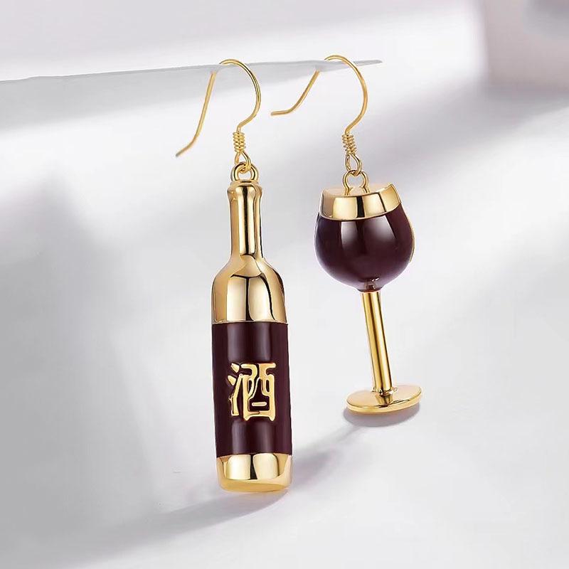Personality Asymmetrical Wine Bottle Drop Earrings Christmas New Year Birthday Party Gift 1Pair KTJ