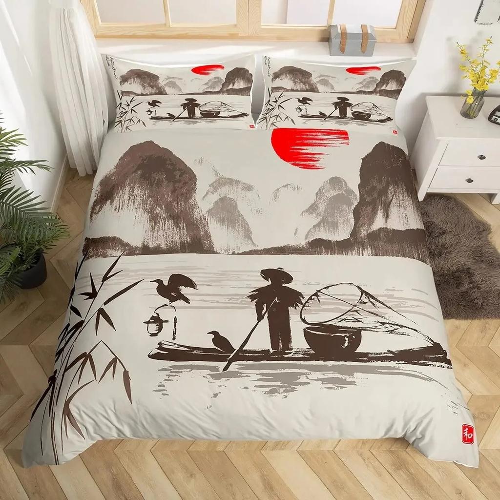 Conjunto de capa de edredom de bambu, conjunto de cama com galhos de bambu, capa de edredom com estampa de árvore, capa de edredom luxuosa estilo floral retrô, tamanho queen