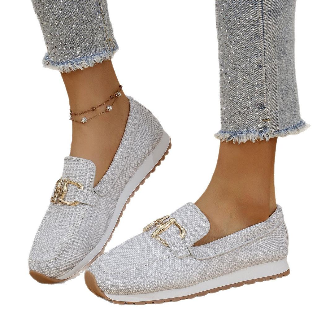 Round Head Metal Buckle Flat Bottom Comfort Casual Shoes Woman Soft Bottom Anti Slip Work Shoes Thick Bottom Slip-on Sneakers