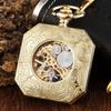 Luxus Goldenes Quadrat Design Mechanische Taschenuhr mit FOB Kette Skulptur Skelett Steampunk Handaufzug Mechanische Herrenuhr