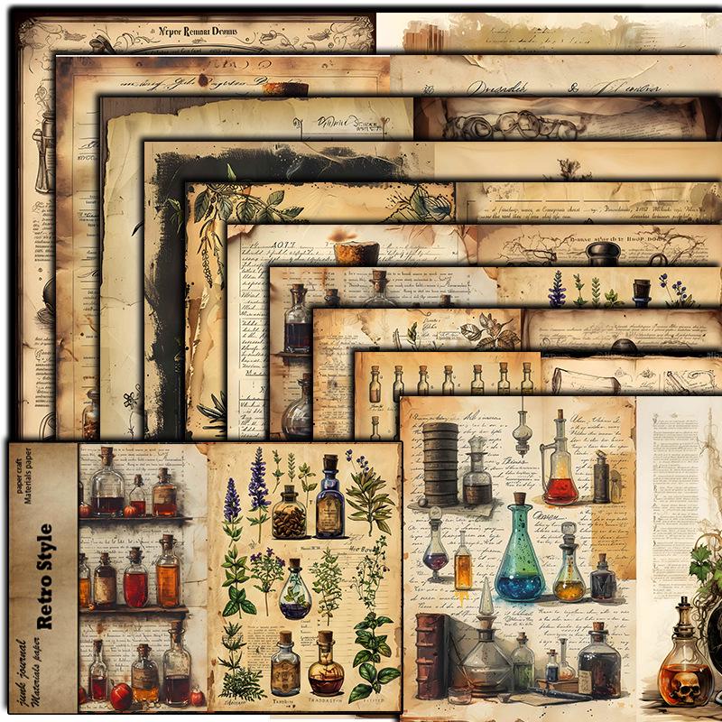 Retro Botanical Lab Material Paper: 10 Sheets of Flowers, Plants, Bottles Aged Pattern Decor