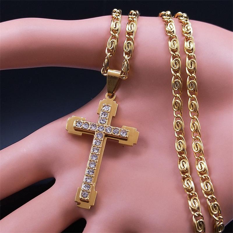 HNSP Luxury Stainless Steel Zircon Cross Necklace Pendant for Men Women Jewelry Accessories
