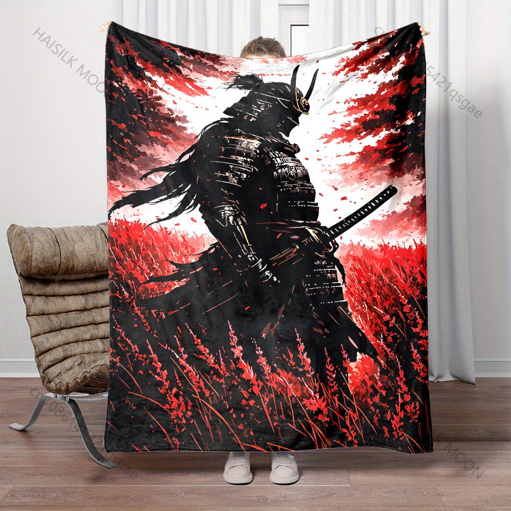Samurai standing in red field Print Blanket Warm Soft Fluffy s and Adult Sofa Bed Throw Blanket Outdoor Travel Camping RV