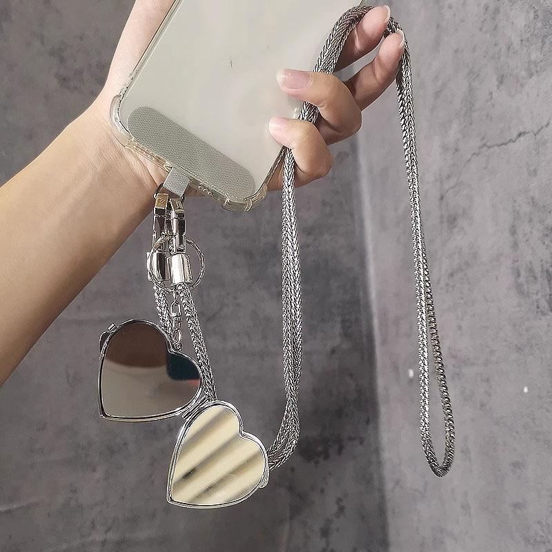 1pc Korea Silver Bone Love Heart Mirror Pendant Diagonal Lanyard Clip Style Pendant Mobile Phone Long Neck Strap Anti Loss Sling