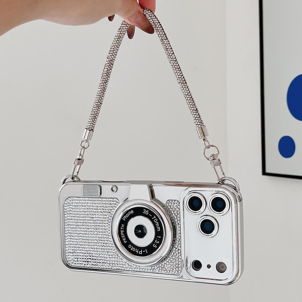 Diamond Camera Pattern Short Hand Rope Phone Case For iPhone 17 16 15 14 13 12 11 Pro Max Soft Shockproof Silicone Cover Girls
