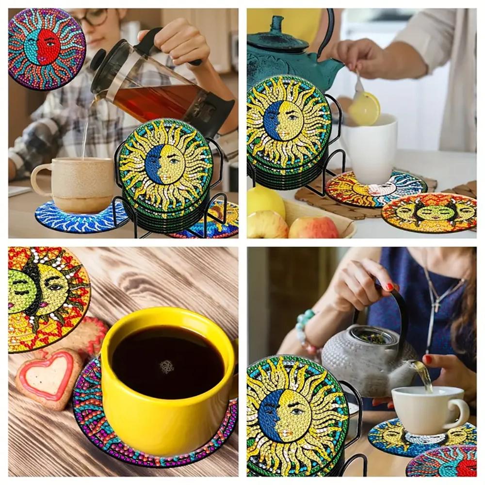 8 Pieces/set of Diamond Sun Patterned Coasters, DIY Coasters with Holder, Suitable for Beginners and Adults, Art and Craft Supplies Gifts