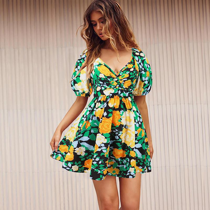 Women Summer Floral Printed V-Neck  Puff Sleeves Cut Out Casual Short Swing Dresses