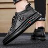 Men's Leather High-top Sneakers Casual Lace-up Non-slip Black Walking Shoes