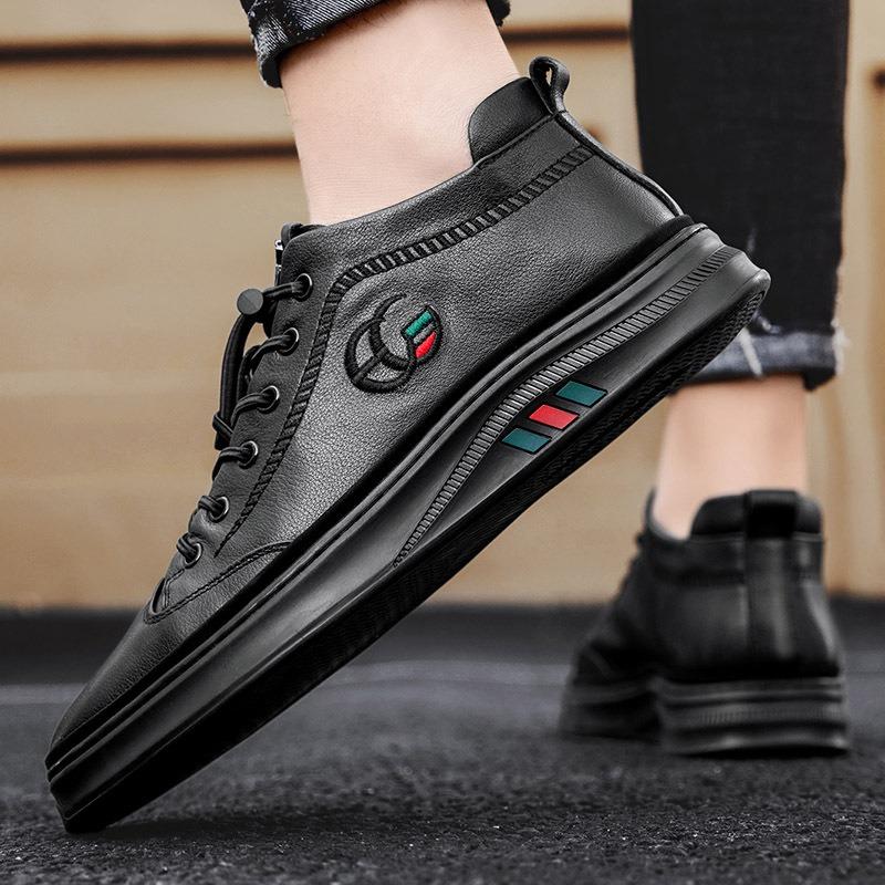Men's Leather High-top Sneakers Casual Lace-up Non-slip Black Walking Shoes