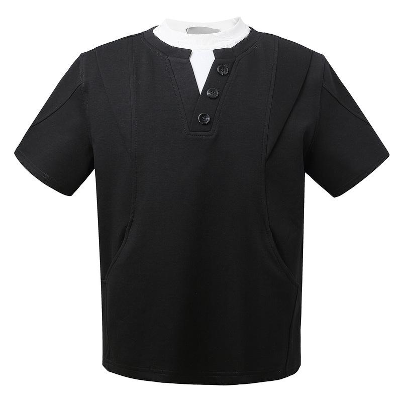 Fake Two-piece T-shirt Men's Summer 2025 New American Trendy Brand Small Neckline Splicing V-neck Front Shoulder Half-sleeve T-shirt Top