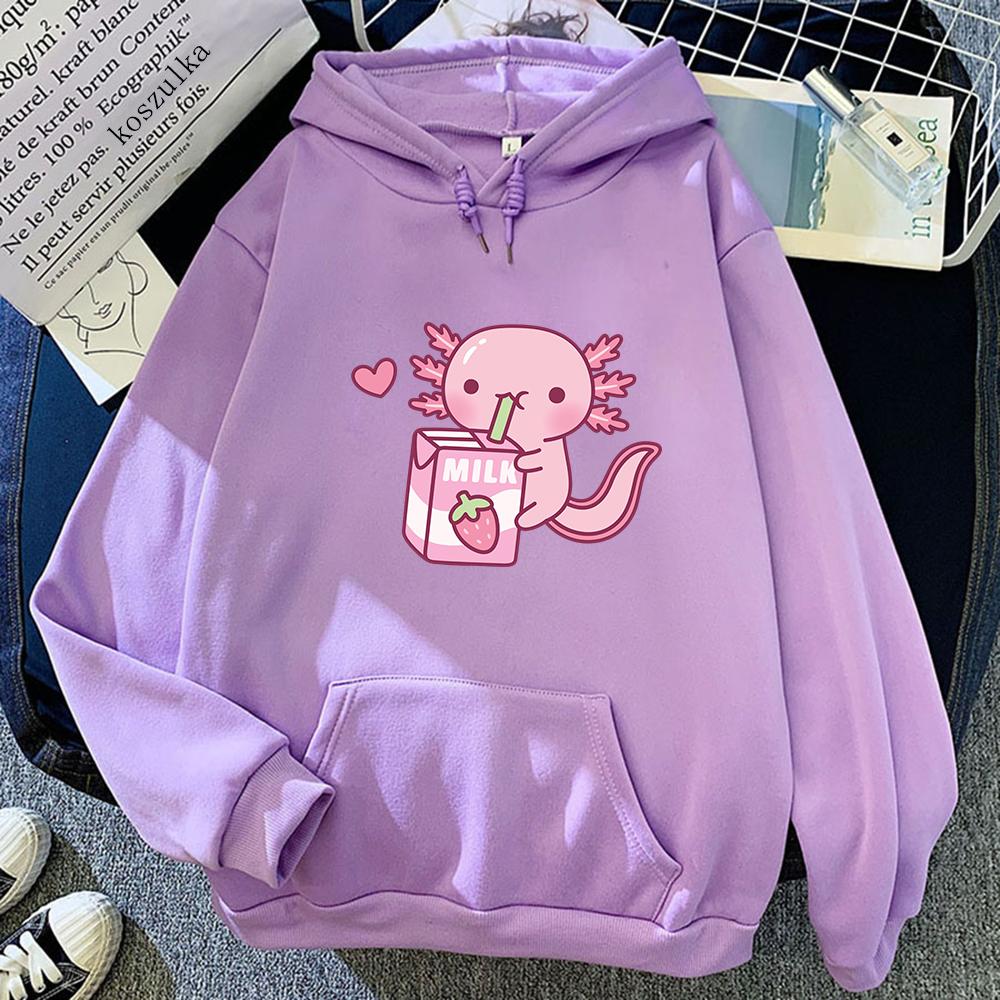 Anime Axolotl Loves Strawberry Milk Doodle Hoodie Kawaii Hoodies Winter Women Spring/Autumn Unisex Sweatshirt Harajuku Sudaderas