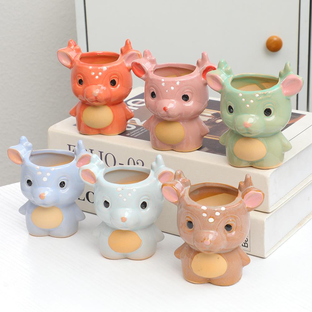 

Набор из 6 предметов, креативные керамические горшки для суккулентов с изображением животных из мультфильмов, милые украшения в виде оленей, декоративные садовые маленькие цветочные горшки