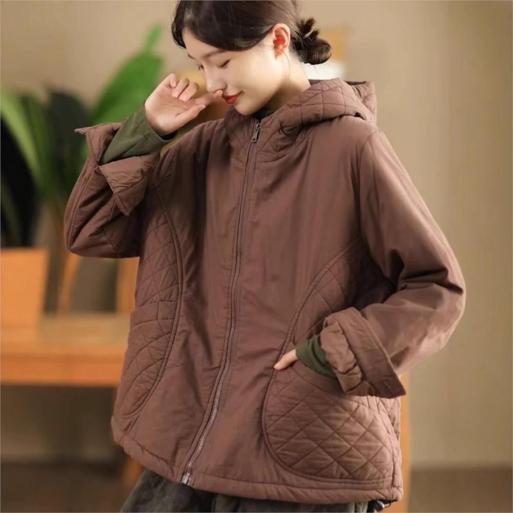 Johnature Women Vintage Hooded Jackets Zipper Solid Color Winter NPatchwork Pockets Casual Warm Jackets Coat