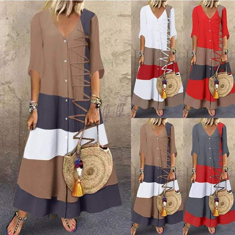 Women's Summer Maxi Dress V-Neck Short Sleeve Button Long Dress Loose Color Block Dress